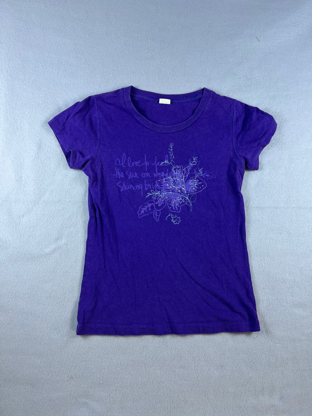 Vintage Hollister T-Shirt Womens S Purple Floral Rhinestone Graphic Y2K Top